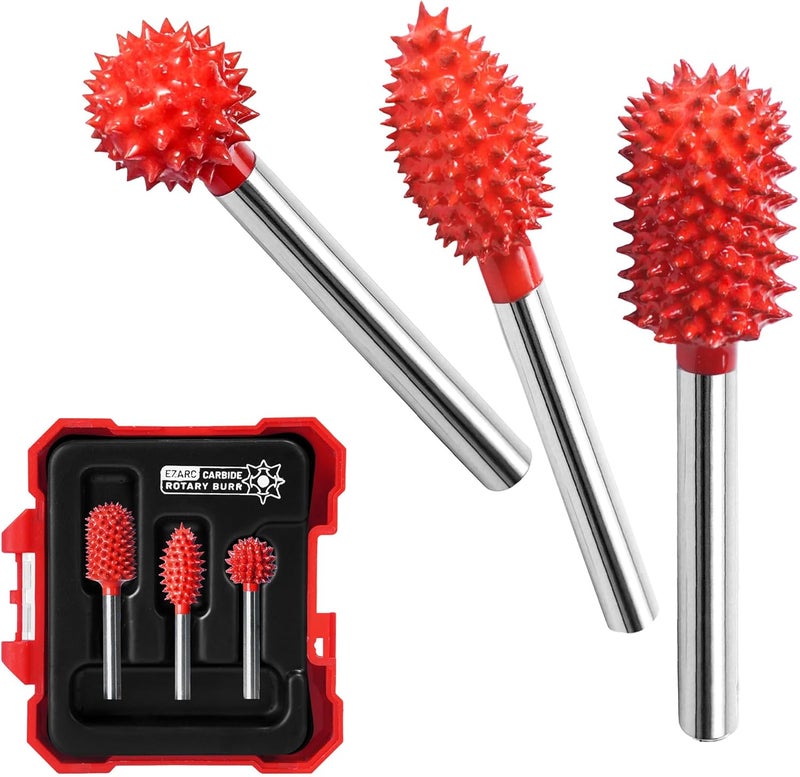 EZARC Tungsten Carbide Rotary Burr Kit, 1/8’’ Shaft Wood Carving Bits, Very Coarse Engraving & Material Removal Tool with Storage Case, 3-Piece - Image 1
